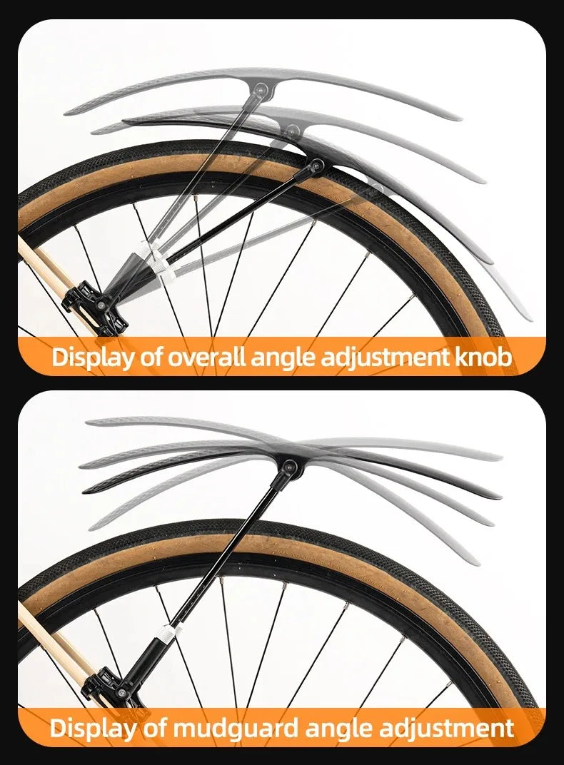 Bicycle mudguard angle adjustment knob display for road bikes, showcasing flexibility and design features.