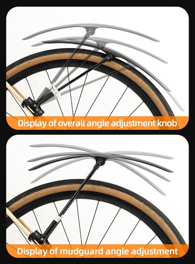 Bicycle mudguard angle adjustment knob display for road bikes, showcasing flexibility and design features.