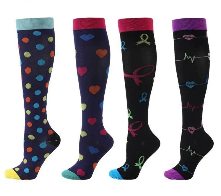 4 colorful pairs of high tube compression socks for men and women, ideal for sports, nursing, and varicose veins.