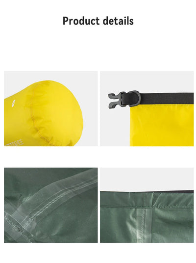 Product details of a waterproof dry bag sack showing features like fabric, closure, and seams for ultralight storage solutions.