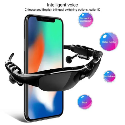 Wireless sunglasses headset with Bluetooth earphones connected to a smartphone, showcasing intelligent voice features.
