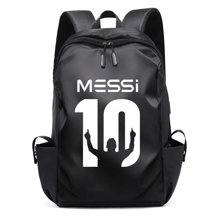Black MESSI 10 backpack with a sporty design, suitable for students, featuring USB port and soft handles, unisex style.