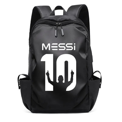 Black MESSI 10 backpack with a sporty design, suitable for students, featuring USB port and soft handles, unisex style.