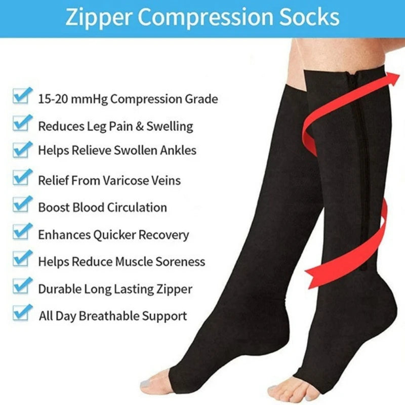 Zipper compression socks for leg pain relief, swelling reduction, and varicose veins support with breathable design.