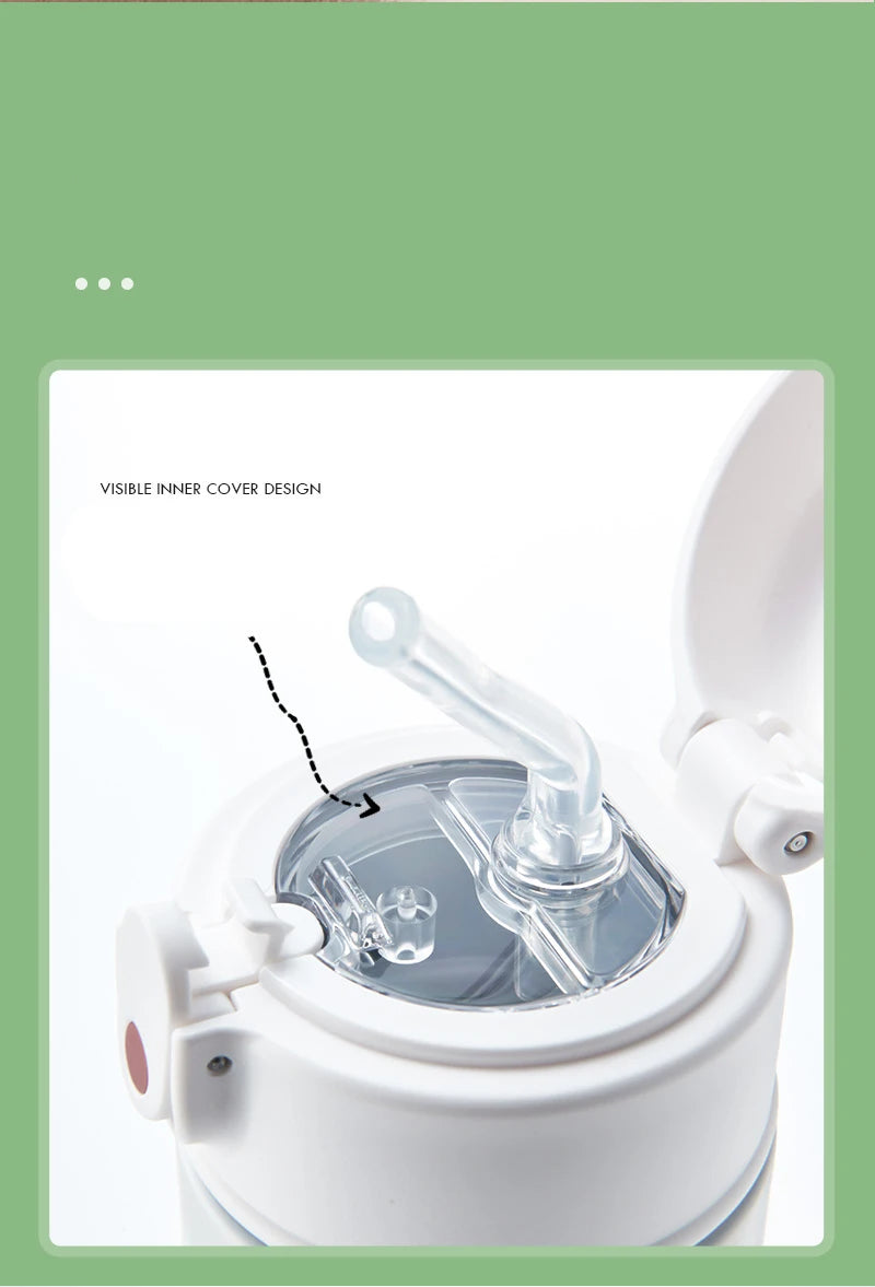 Close-up of GIANXI Bouncing Straw Thermos water bottle top showing visible inner cover design and straw.