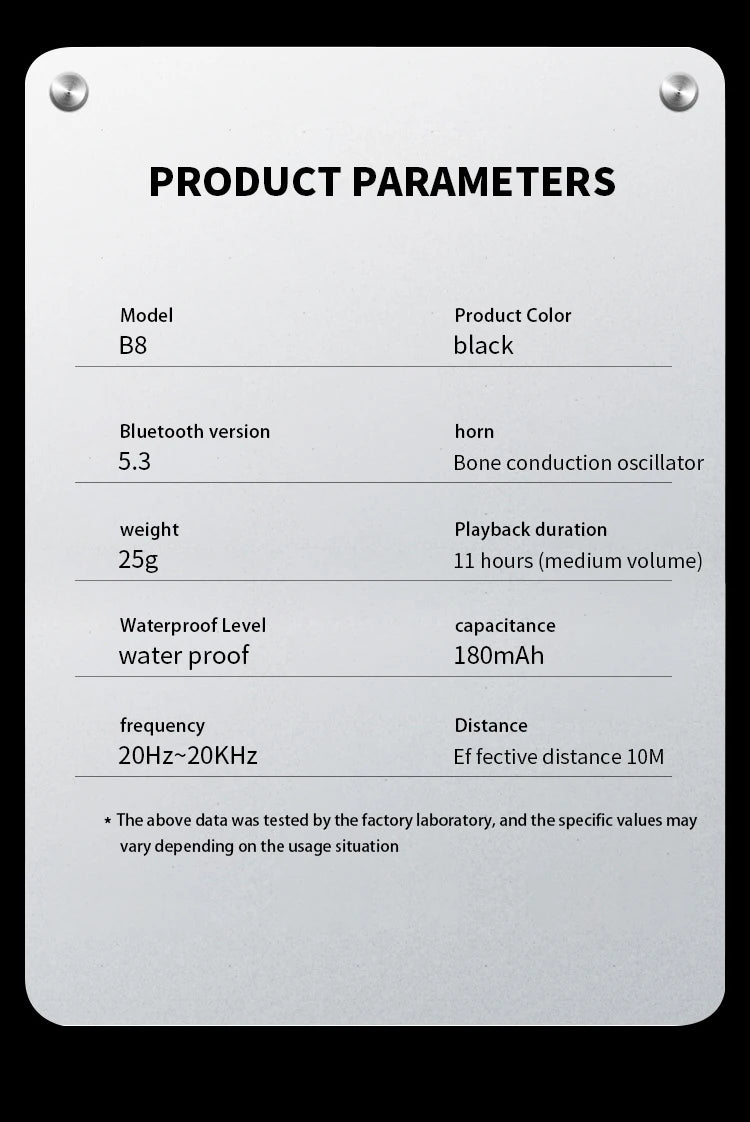 Product parameters for Bone Conduction Earphones including model, weight, waterproof level, and Bluetooth version details.