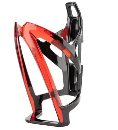 Lightweight colorful bicycle bottle cage in black and red, ideal for holding water bottles securely during rides.