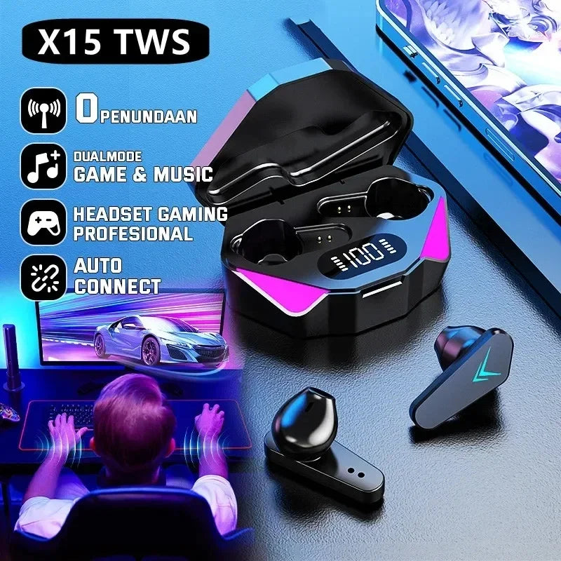 X15 TWS wireless Bluetooth earbuds in charging case, designed for gaming and music with auto-connect feature.