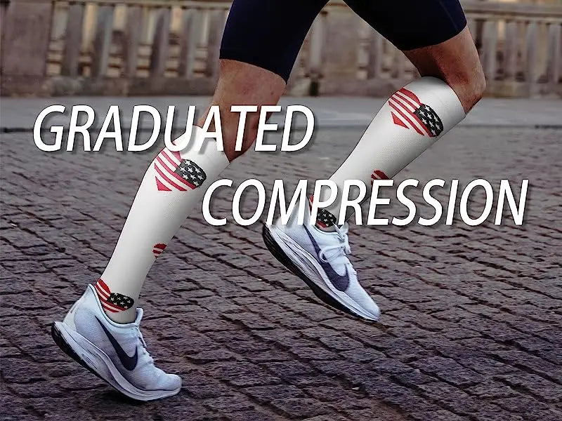 Man running in graduated compression socks featuring an American flag design, ideal for sports and outdoor activities.
