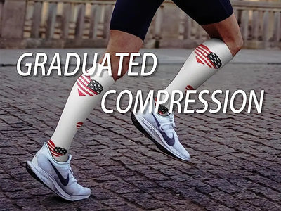 Man running in graduated compression socks featuring an American flag design, ideal for sports and outdoor activities.