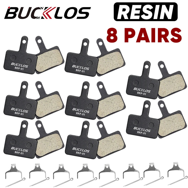 BUCKLOS resin brake pads BRP-01, 8 pairs compatible with Shimano hydraulic disc brakes, high-performance bike components.