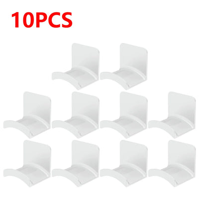 Set of 10 white adhesive headphone hangers for wall, desk, or PC mounting, designed for easy organization.