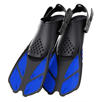 Adjustable snorkel fins with blue accents, designed for adults, perfect for swimming and scuba diving.
