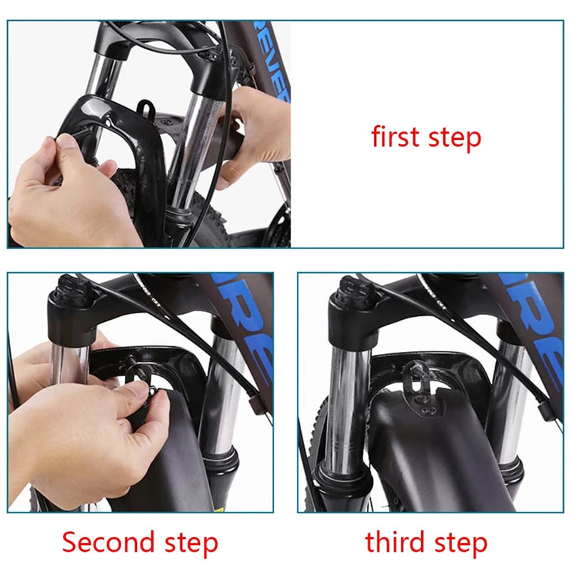 Step-by-step guide showing installation of a bicycle fender on a mountain bike front fork.