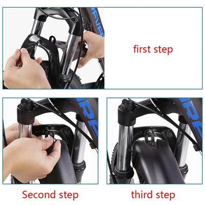 Step-by-step guide showing installation of a bicycle fender on a mountain bike front fork.