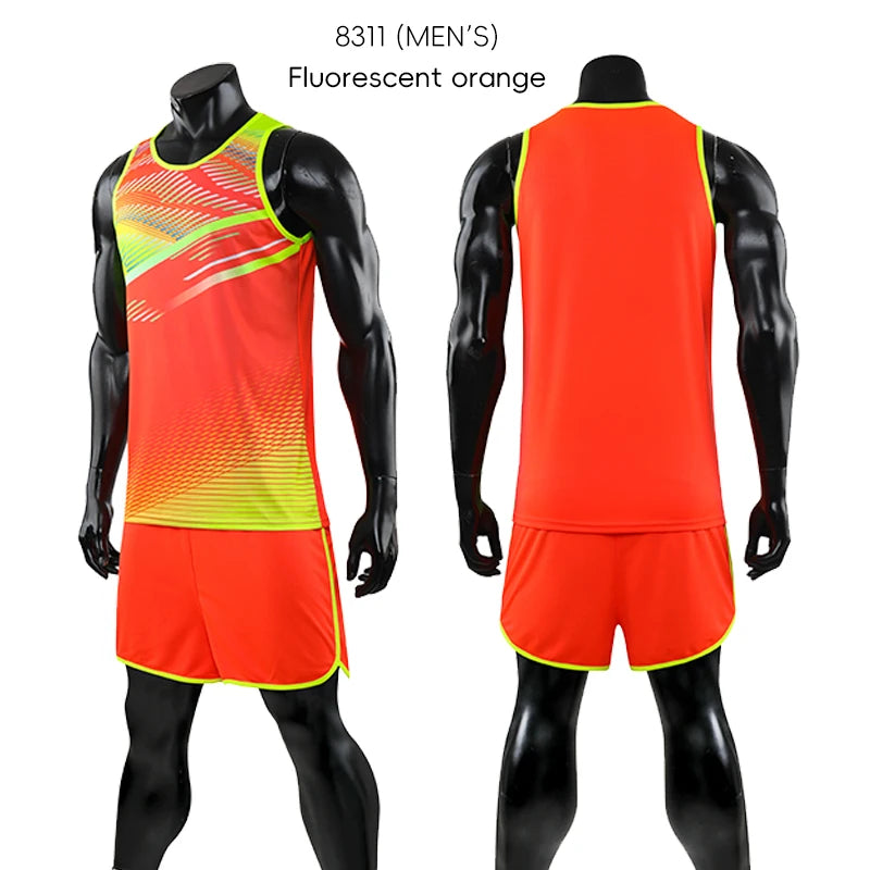 Custom unisex marathon running suit in fluorescent orange, designed for track & field sports. Model 8311 from ATAGOESC.
