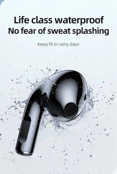 Lenovo wireless earphone showcasing waterproof features with splashes of water around it, emphasizing durability.