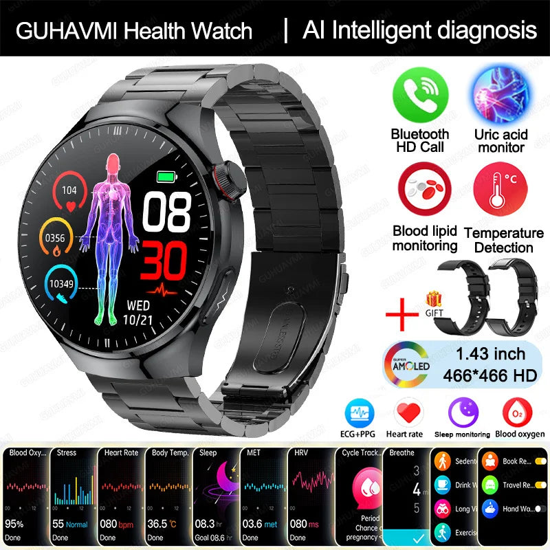 GUHAVMI Health Watch with AI diagnosis, Bluetooth calling, and temperature sensor for comprehensive health tracking.