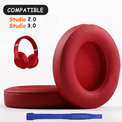 Red KUTOU earpads for Beats Studio 2.0 and 3.0 headphones, featuring a comfortable leather design.