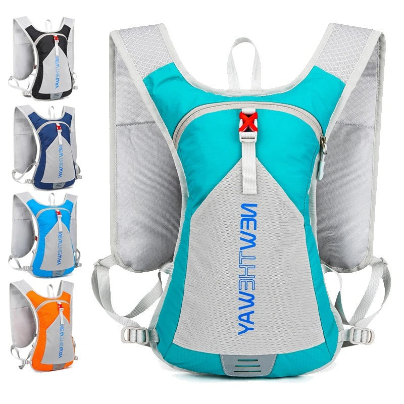 Ultralight waterproof hydration backpack in multiple colors for outdoor running and cycling, featuring ergonomic design.