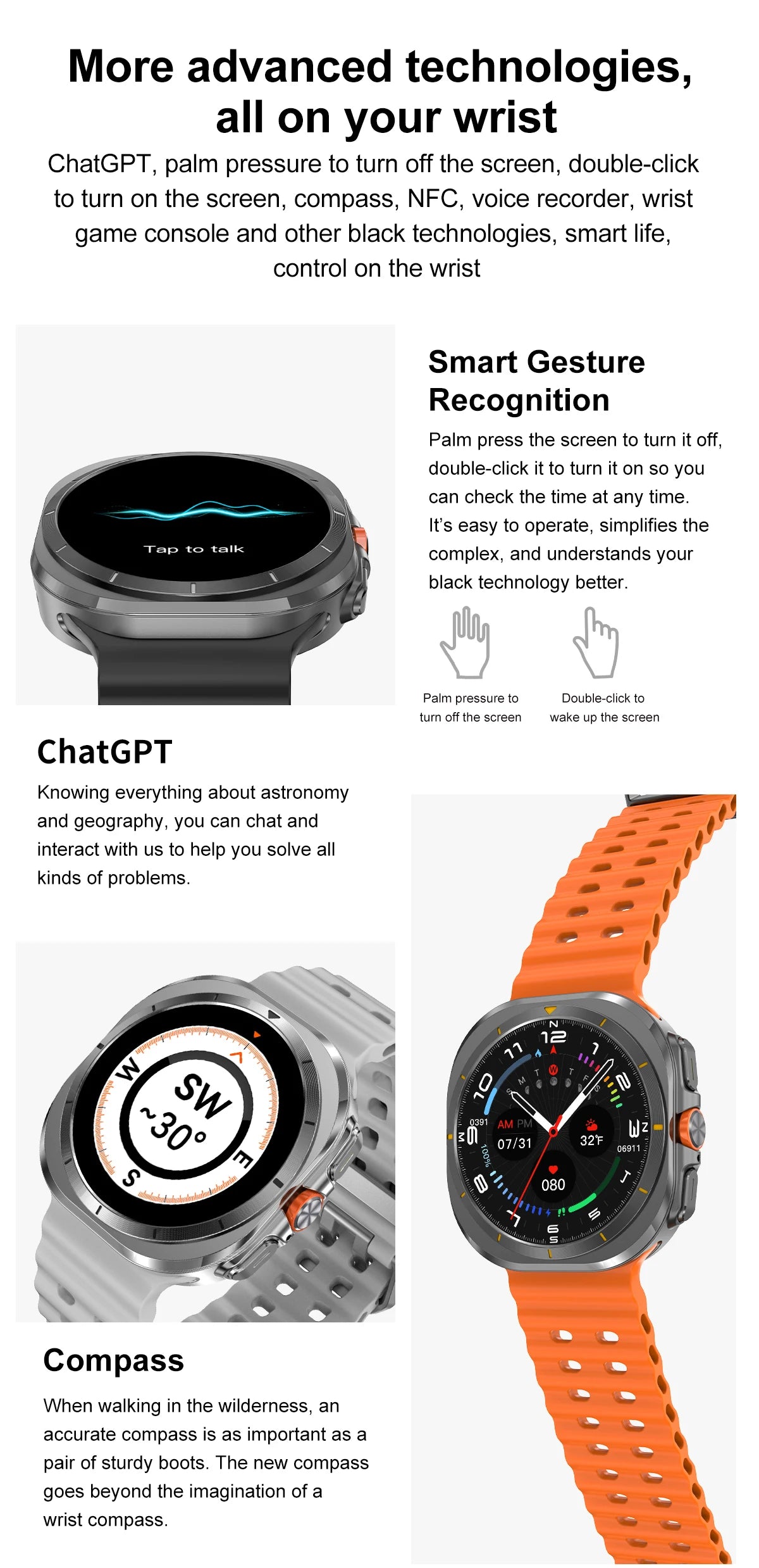 2025 Ultra Smartwatch showcasing Smart Gesture Recognition and Compass features with vibrant orange band.
