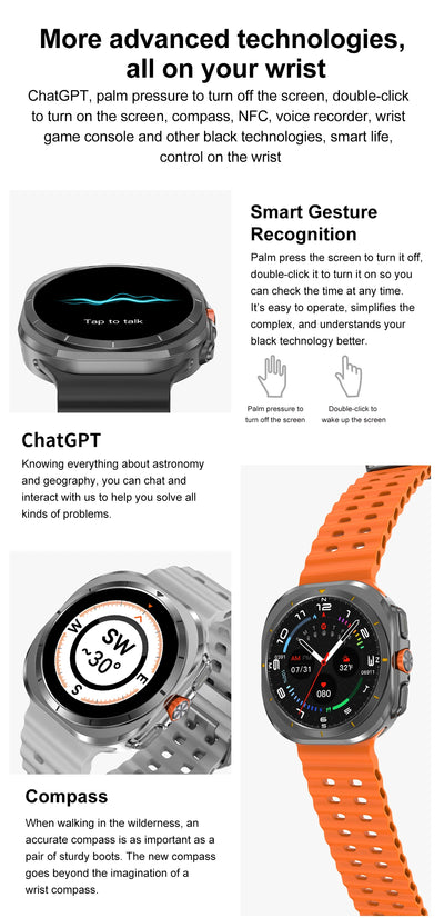 2025 Ultra Smartwatch showcasing Smart Gesture Recognition and Compass features with vibrant orange band.