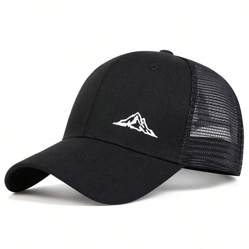 Unisex mountain embroidery baseball cap with mesh back, adjustable fit, perfect for outdoor sun protection.