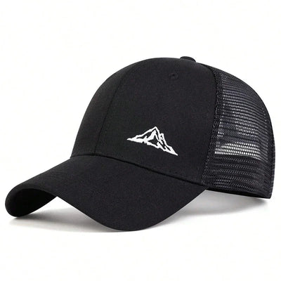 Unisex mountain embroidery baseball cap with mesh back, adjustable fit, perfect for outdoor sun protection.