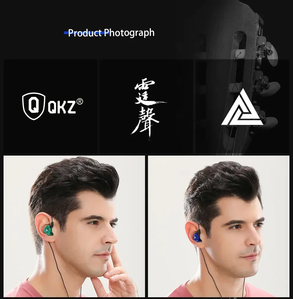 Man wearing QKZ earphones showcasing product features and design.