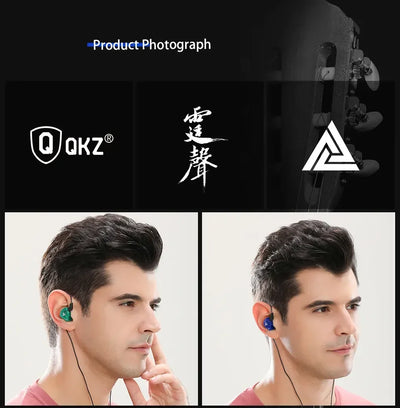 Man wearing QKZ earphones showcasing product features and design.