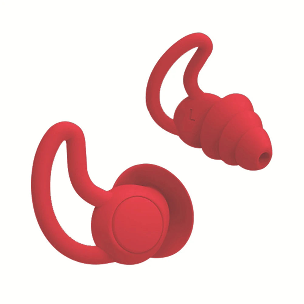 Waterproof red silicone earplugs for swimming, noise reduction, and sleep protection, made from soft nano silica gel.