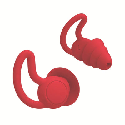 Waterproof red silicone earplugs for swimming, noise reduction, and sleep protection, made from soft nano silica gel.