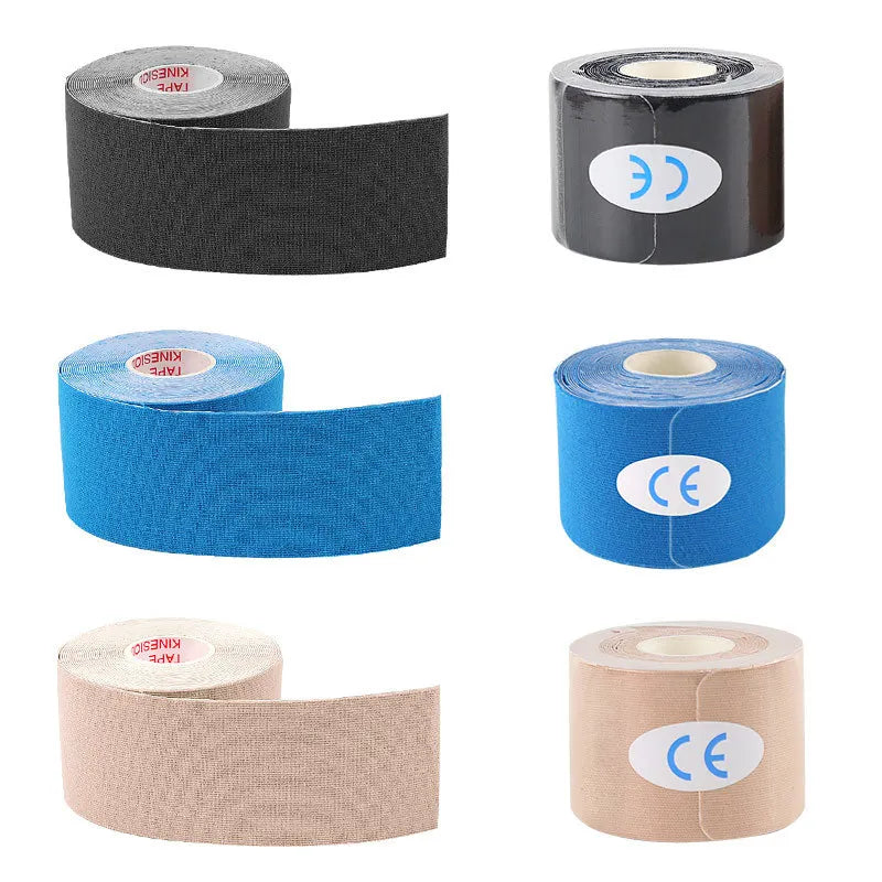 Rolls of kinesiology tape in various colors including black, blue, and beige for facial lifting and skin care.