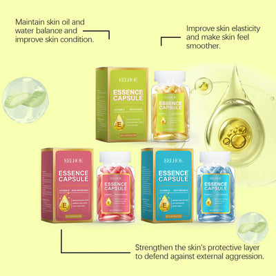 Vitamin E face essence capsules for moisturizing, improving elasticity, and skin protection against dryness.