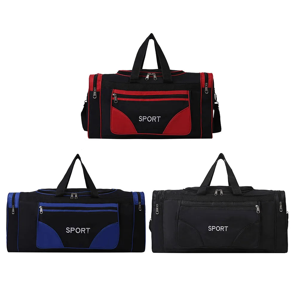 Oxford Fitness Bag in red, blue, and black; large capacity, waterproof, ideal for sports and outdoor activities.