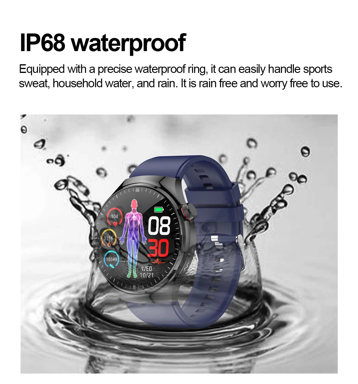 Health smartwatch with IP68 waterproof feature, ideal for sports, sweat, and rain protection.