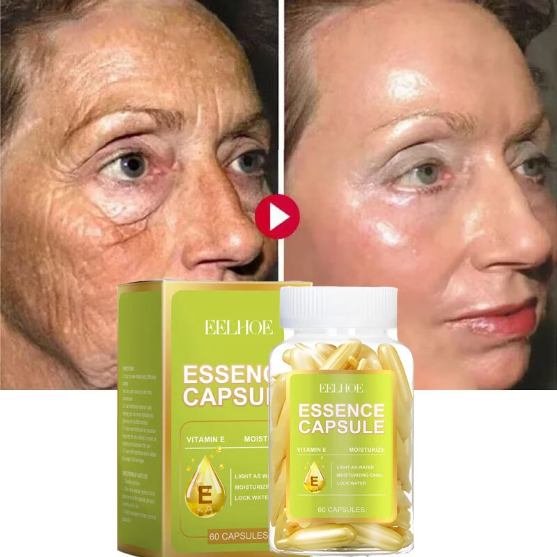 Before and after results of Vitamin E Face Essence Capsule in a box with 60 capsules, showing skin moisture improvement.