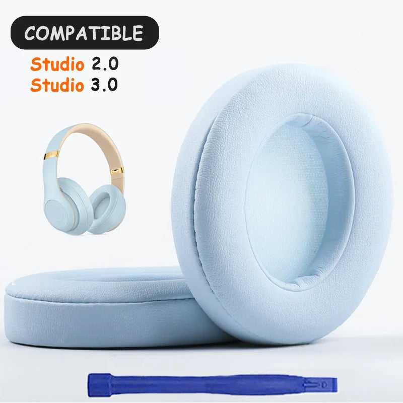 KUTOU replacement earpads for Beats Studio 2.0 and 3.0 in light blue, with a tool for easy installation.