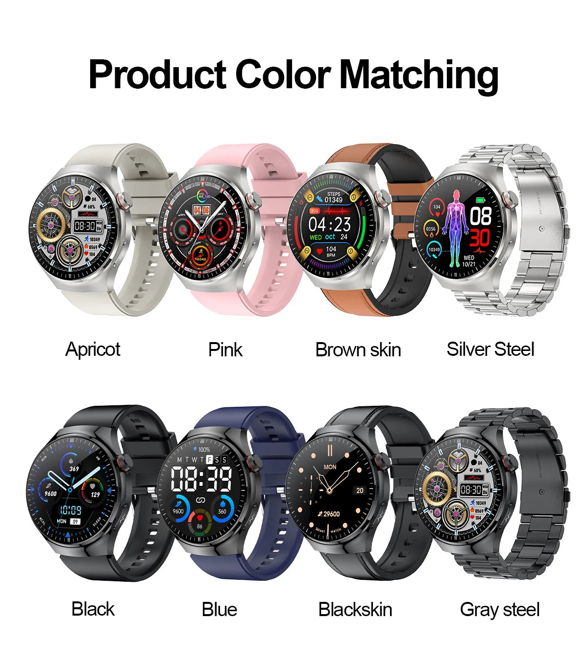 Color options for health smartwatch: apricot, pink, brown skin, silver steel, black, blue, black skin, gray steel.
