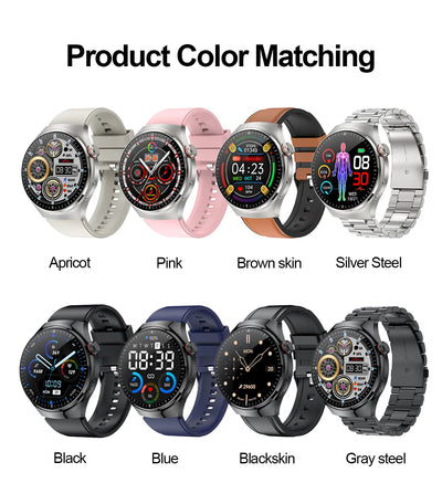 Color options for health smartwatch: apricot, pink, brown skin, silver steel, black, blue, black skin, gray steel.