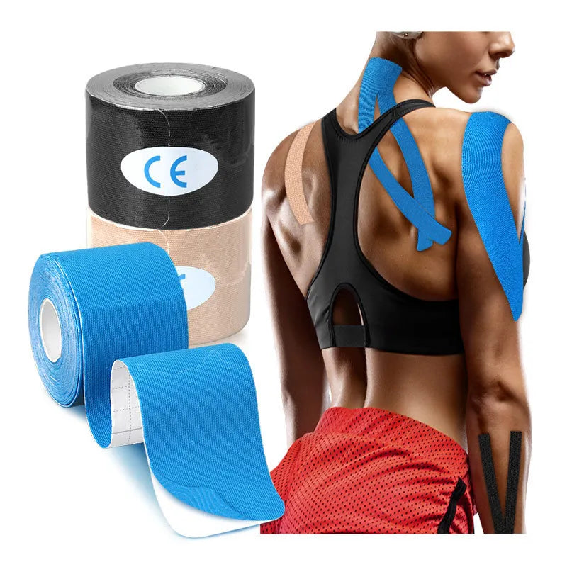 Kinesiology tape rolls in blue and black for muscle support and pain relief, ideal for athletic recovery and injury prevention.