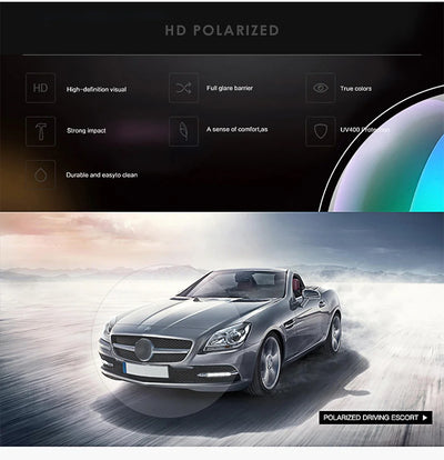 HD polarized sunglasses features; glare barrier, UV400, durability, ideal for driving and outdoor activities.