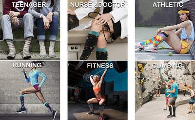 Collage of diverse individuals wearing compression socks for activities: running, fitness, climbing, and medical professions.