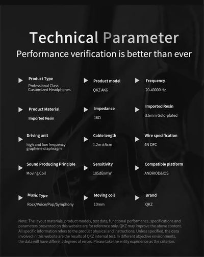 Technical specifications for QKZ AK6 professional customized headphones, detailing features and performance parameters.