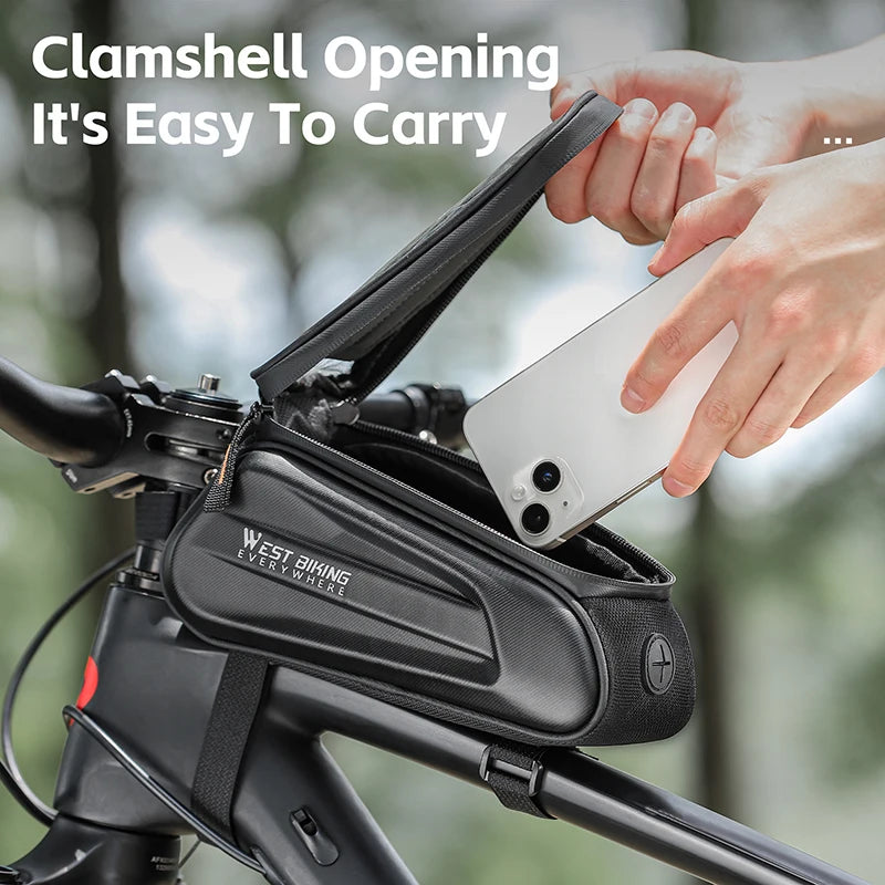 WEST BIKING 7" Bike Phone Bag with clamshell opening for easy access; waterproof and touch screen compatible.