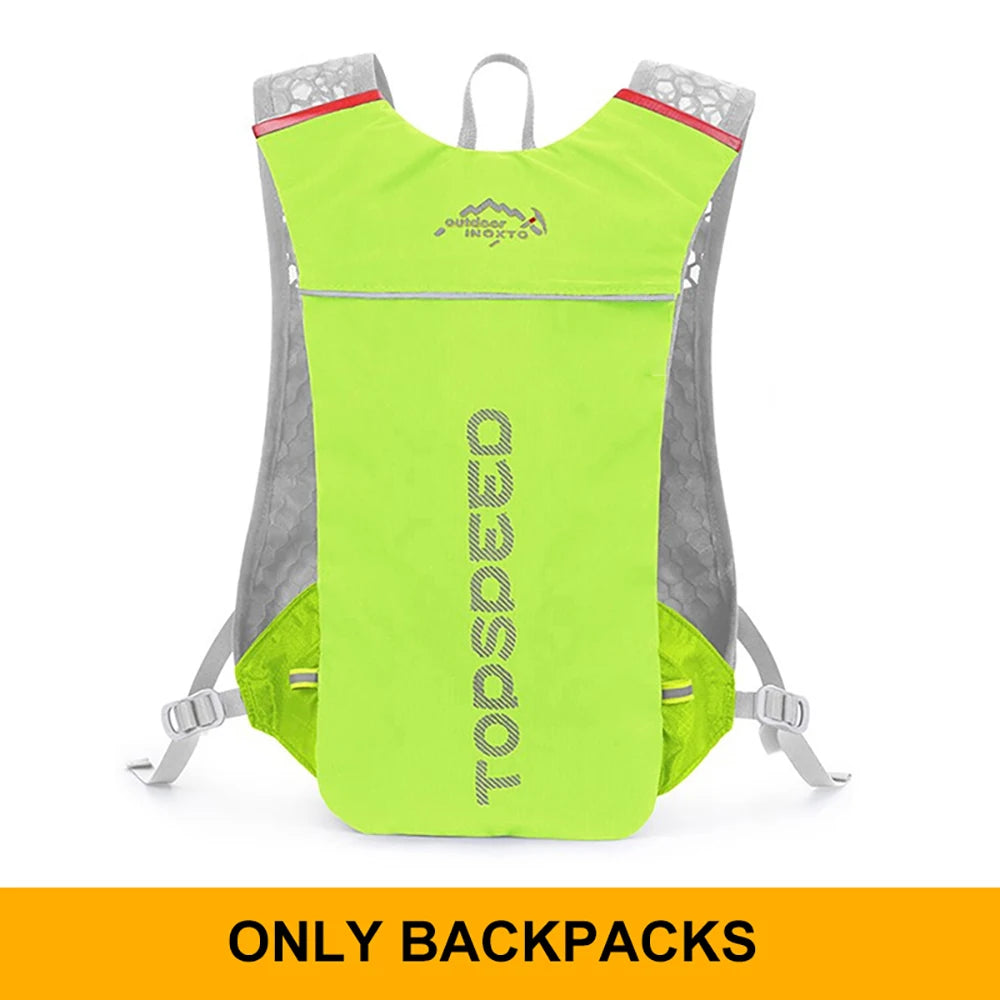 Ultralight hydration running vest backpack in fluorescent green, breathable design for comfortable outdoor activities.