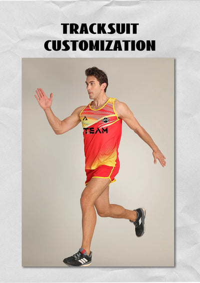 Unisex custom marathon running suit showcased on a male model in action, featuring vibrant colors and personalized design.