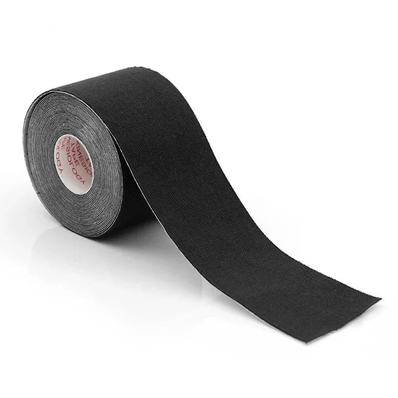 Black kinesiology tape roll for face and neck lifting, wrinkle remover, and skin care. Ideal for protective bandaging.