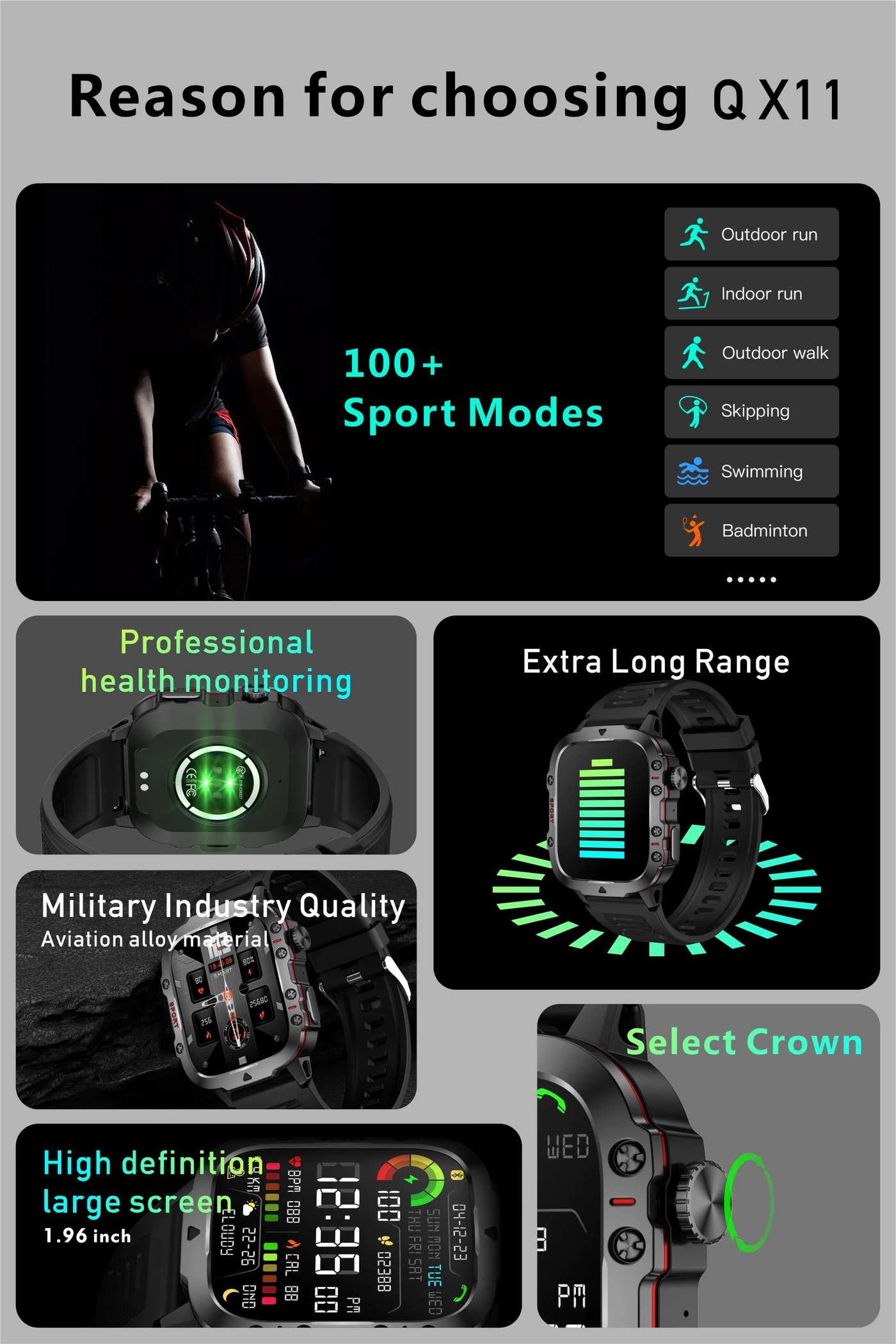 Features of Q X11 Smart Watch: 100+ sport modes, health monitoring, military quality, long range, and high definition display.