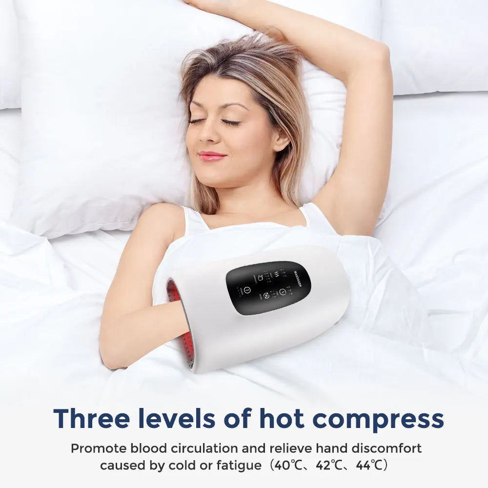 Woman relaxing with electric hand massager, featuring three hot compress levels for hand comfort and improved circulation.